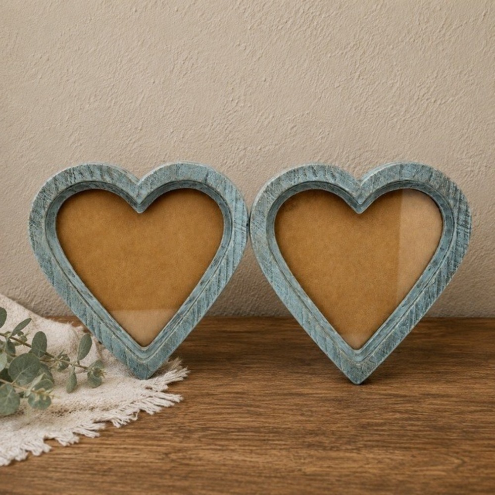 Set of 2 Heart Shaped Picture Frames 8x7.75 Blue Faux Wood Rustic Decor